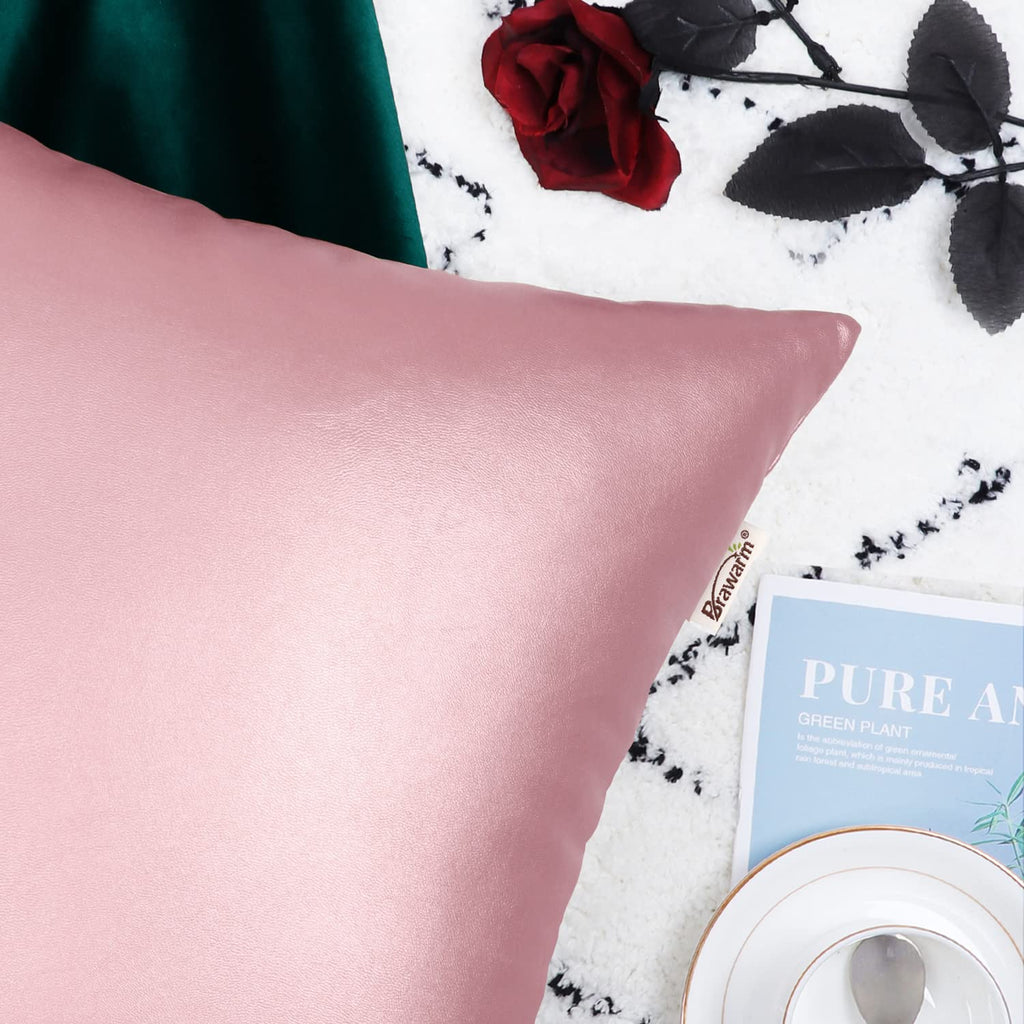 BRAWARM Faux Leather Throw Pillow Cover 16 x 16 Inches Rose Gold Pack of 2