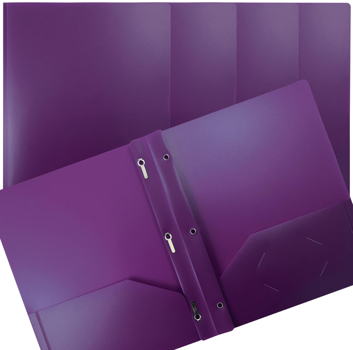 Better Office Products Purple Plastic 2 Pocket Folders With Prongs, Heavyweight, Letter Size Poly Folders, 24 Pack, With 3 Metal