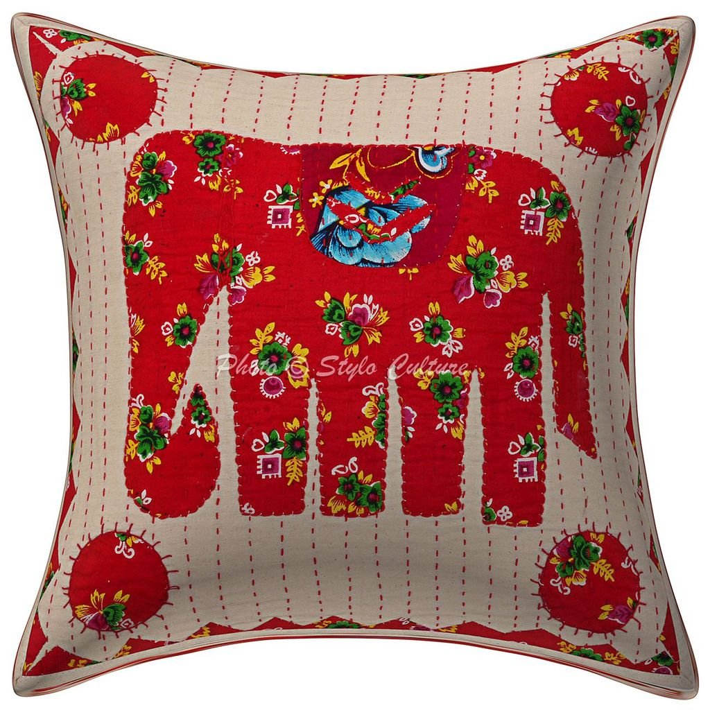 Stylo Culture Decorative Cotton Cushion Cover For Sofa 16X16 Inch Applique Kantha Patchwork Red Living Room Decor Elephant Rajas