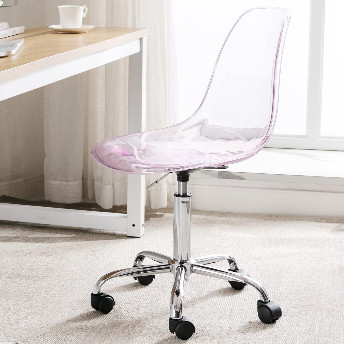 Homefun Clear Desk Chair, Acrylic Rolling Armless Vanity Swivel Height Adjustable Ghost Molded Plastic Home Office Chairs With W