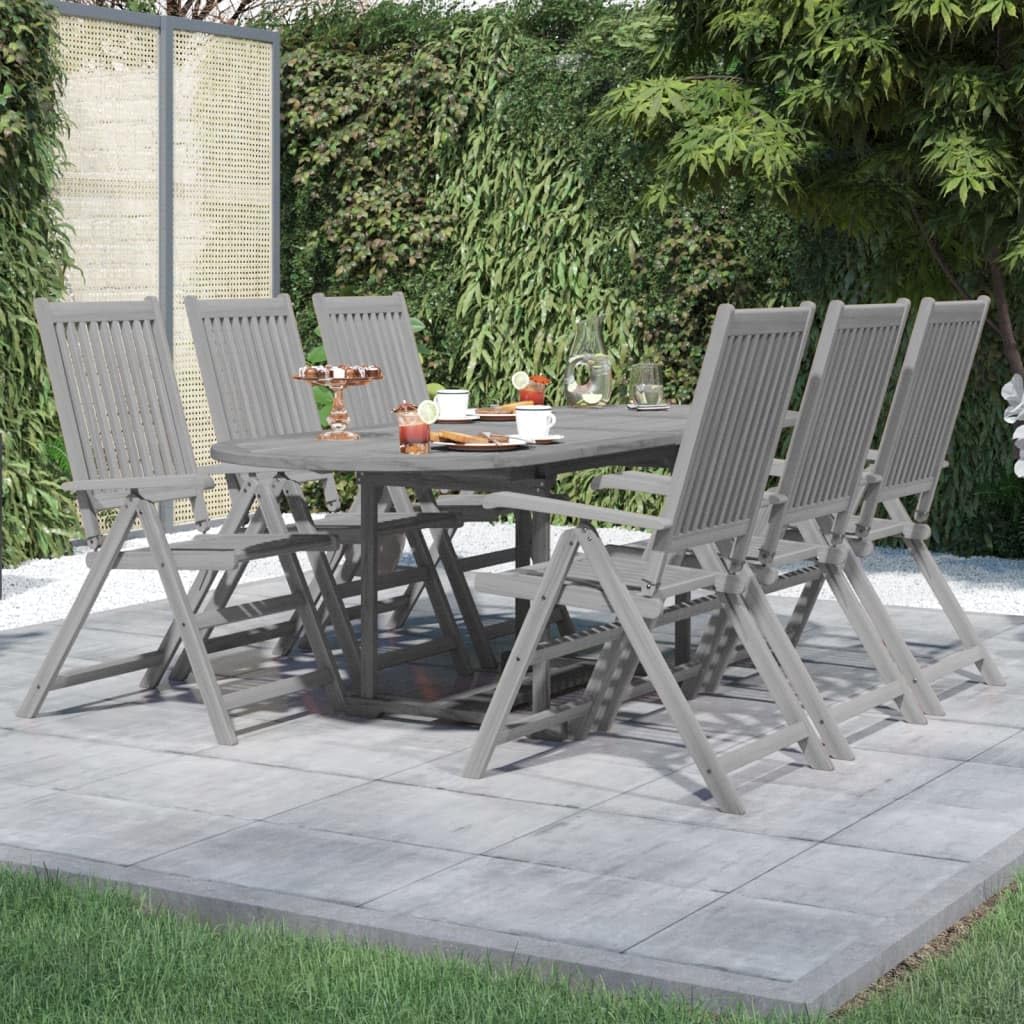 vidaXL 7-Piece Patio Dining Set - Extendable Outdoor Table and Foldable Chairs - Solid Acacia Wood with Gray Wash Finish - Farmhouse Style Garden Furniture