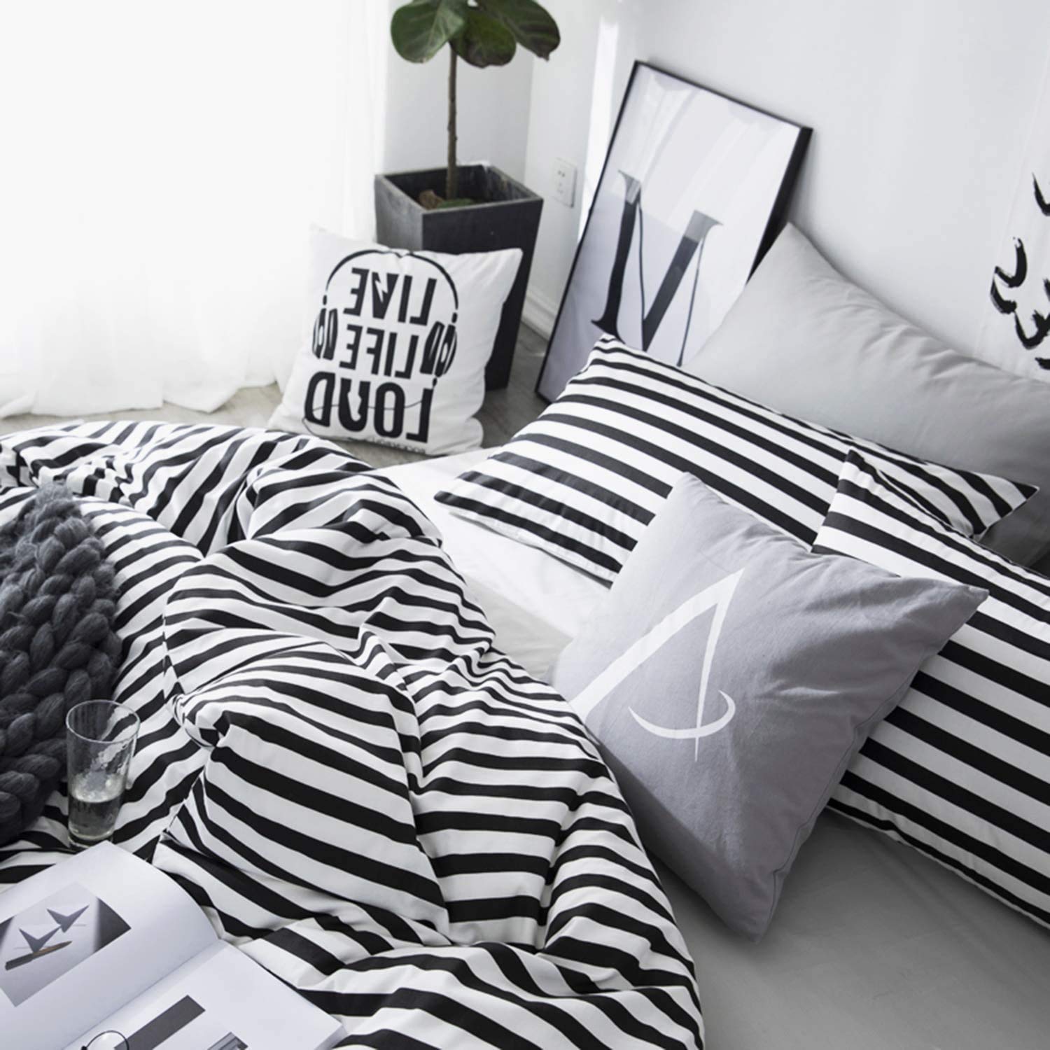 Luxlovery Black And White Comforter Set Queen Men Women Striped Bedding Comforter Set Full Farmhouse Ticking Stripes Bedding Bla