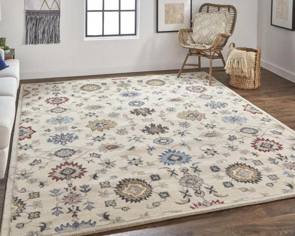 HomeRoots 514819 9 x 12 ft. Ivory Blue & Tan Wool Floral Hand Tufted Handmade Stain Resistant Rectangle Area Rug