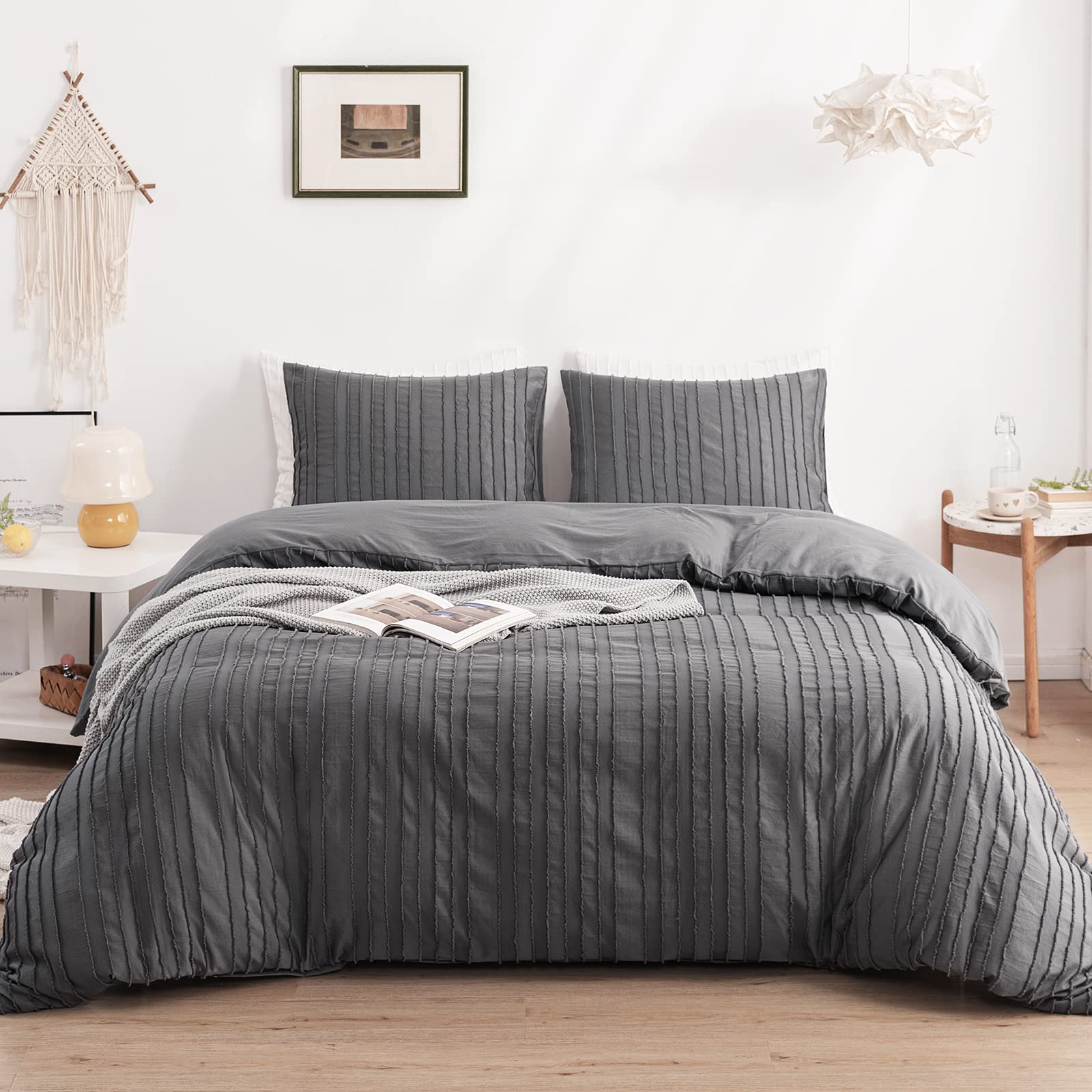 Warmdern Gray Boho Duvet Cover Set Queen Size, Striped Textured Duvet Cover Tufted Bedding Set, 3 Pcs Ultra Soft Washed Microfib