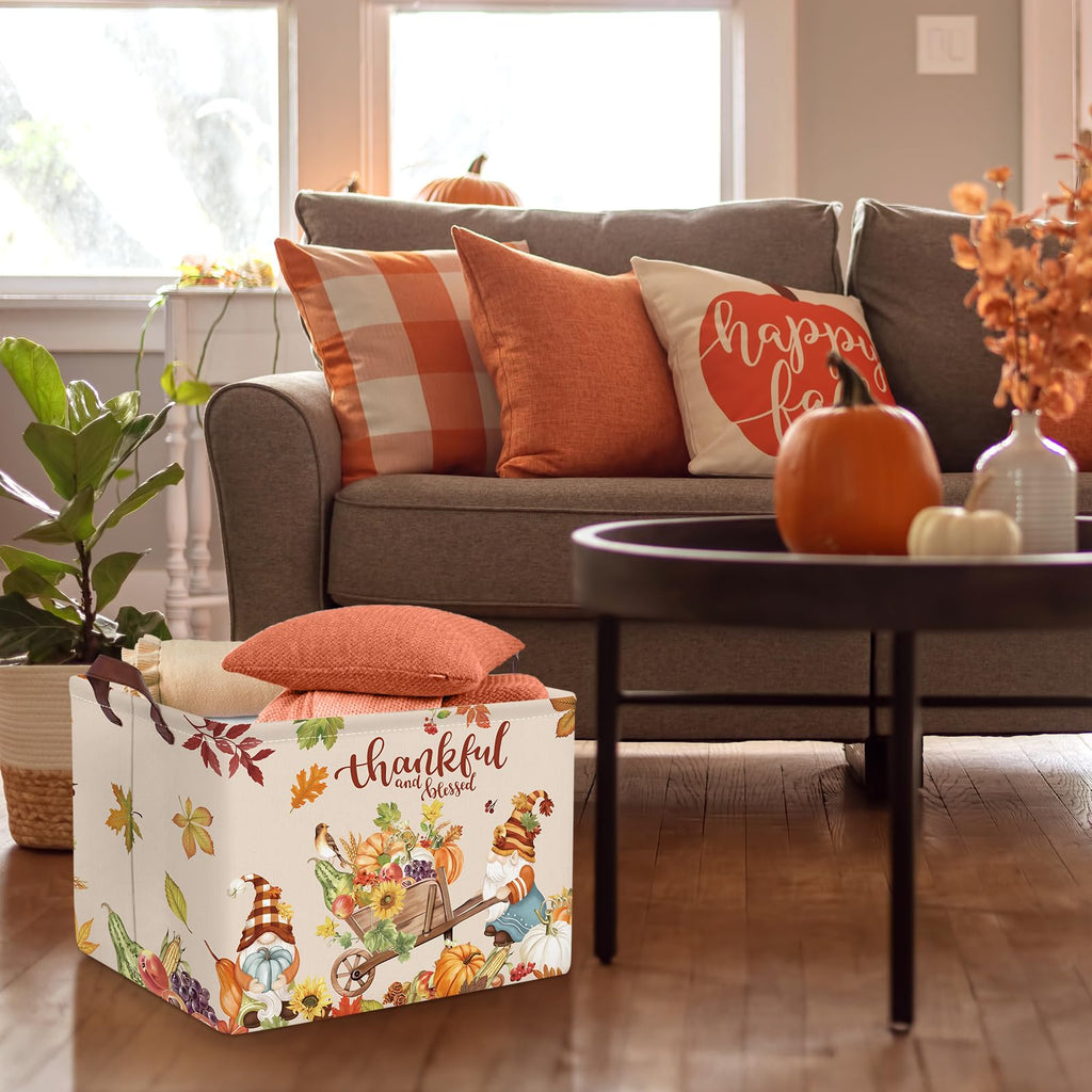 Clastyle Rectangular Gnome Cart Fall Basket Autumn Harvest Thanksgaving Gift Basket Orange Farm Turkeys Pumpkin Bin Clothes Toy