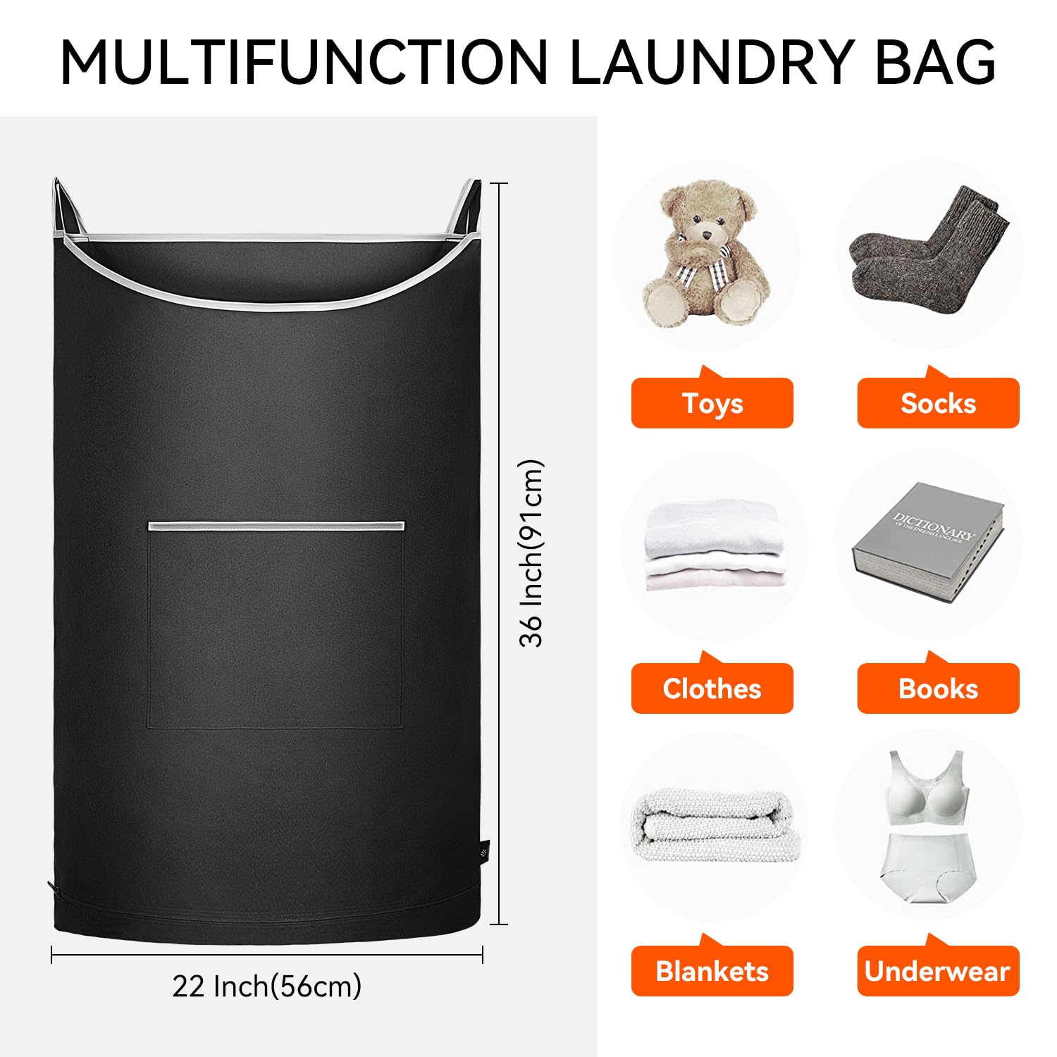 Kingsuslay 36''X 22'' Xl Hanging Laundry Hamper, Black Hanging Hamper Bag With Large Openging,Over Door Hamper And Hanging Laund