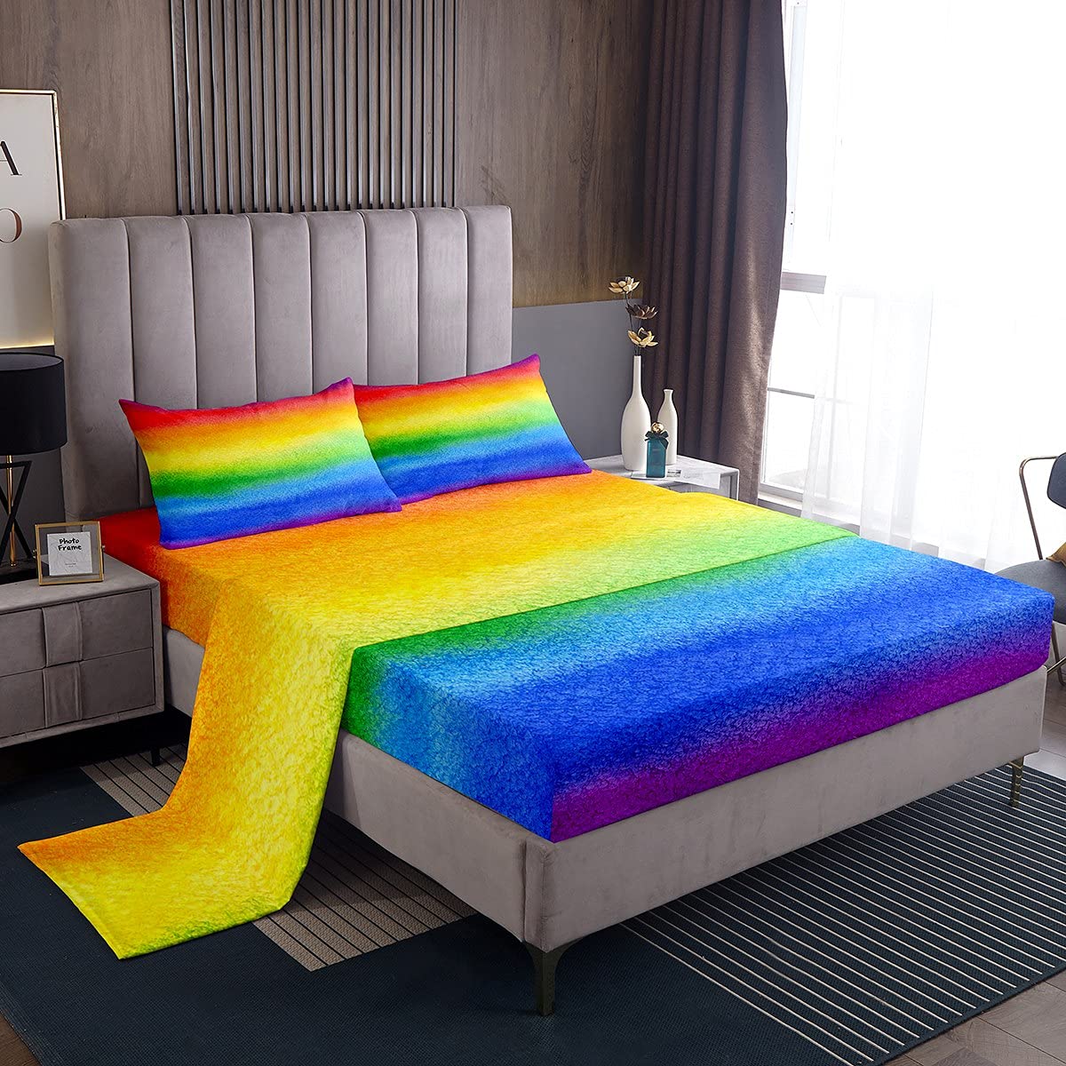 Feelyou Full Sheet Set For Kids Girls Rainbow Stripe Bright Watercolor Soft Kids Bedding Set, 1 Flat Sheet,1 Deep Pocket Fitted