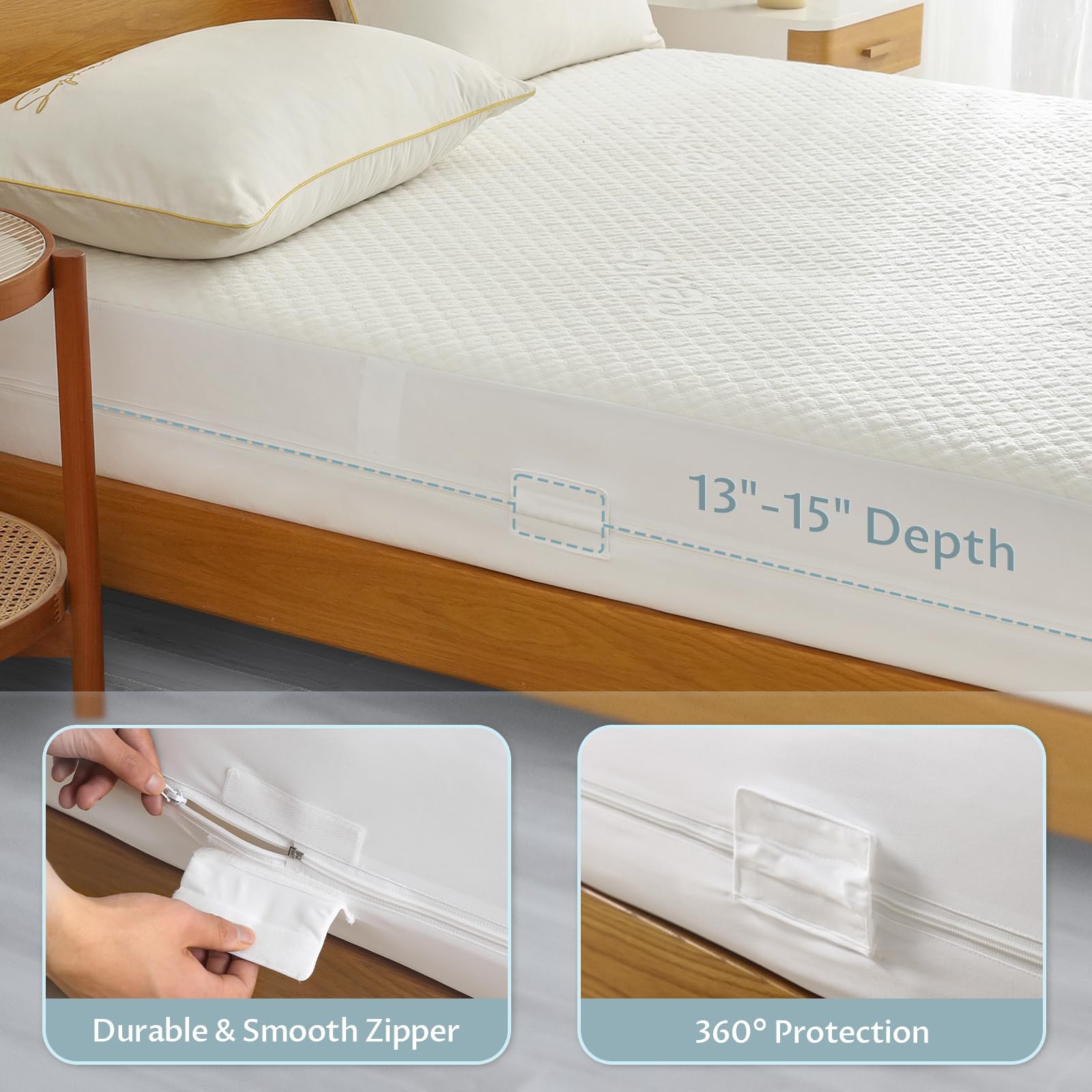 King Size Bamboo Rayon Mattress Protector With Zipper - 100% Waterproof Zippered Mattress Cover - Soft & Cooling Noiseless Bed M