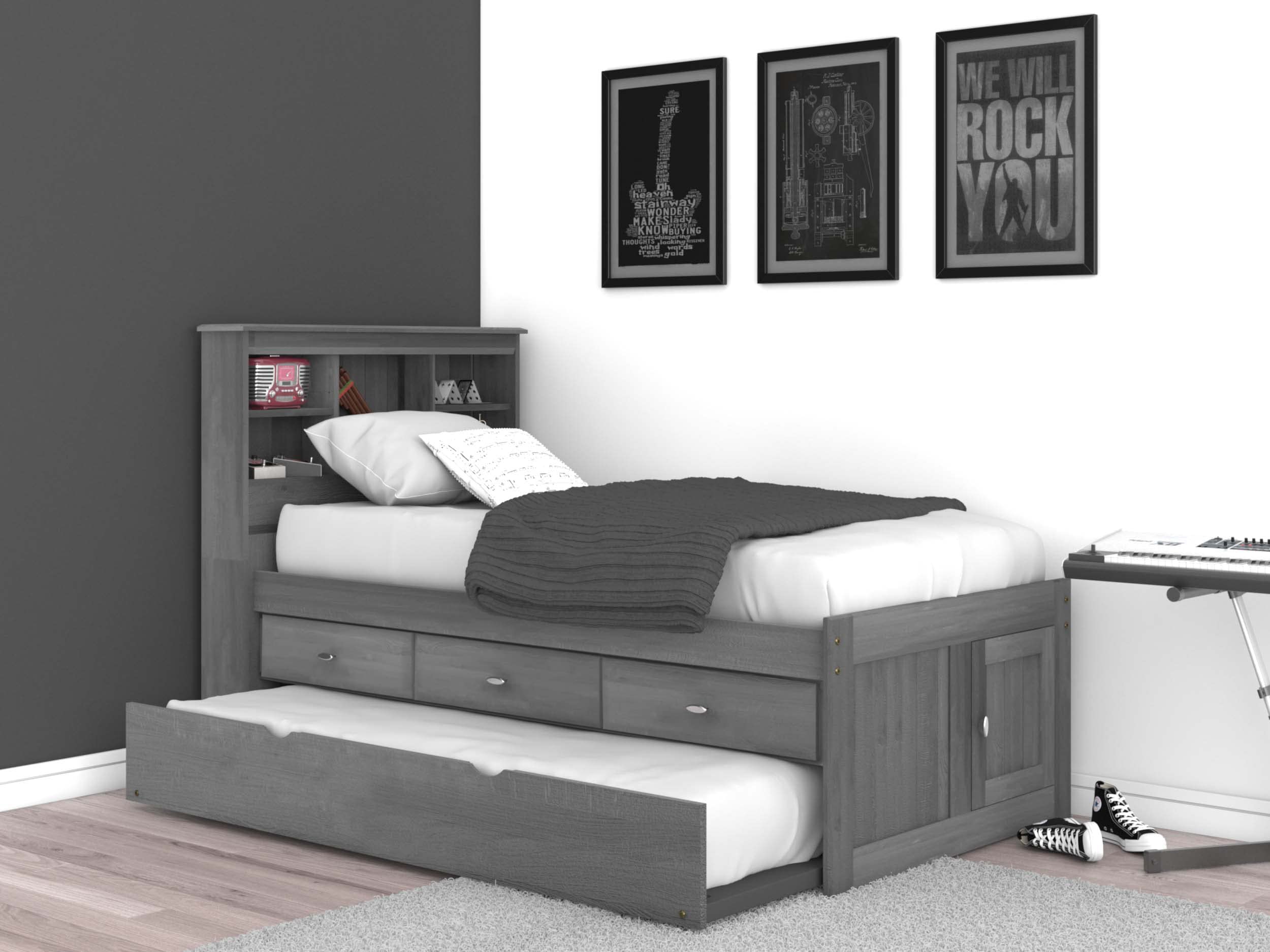OS Home and Office Furniture Solid Pine Twin Captains Bookcase Bed with 3 Drawers and a Twin Sized Trundle in Charcoal Gray