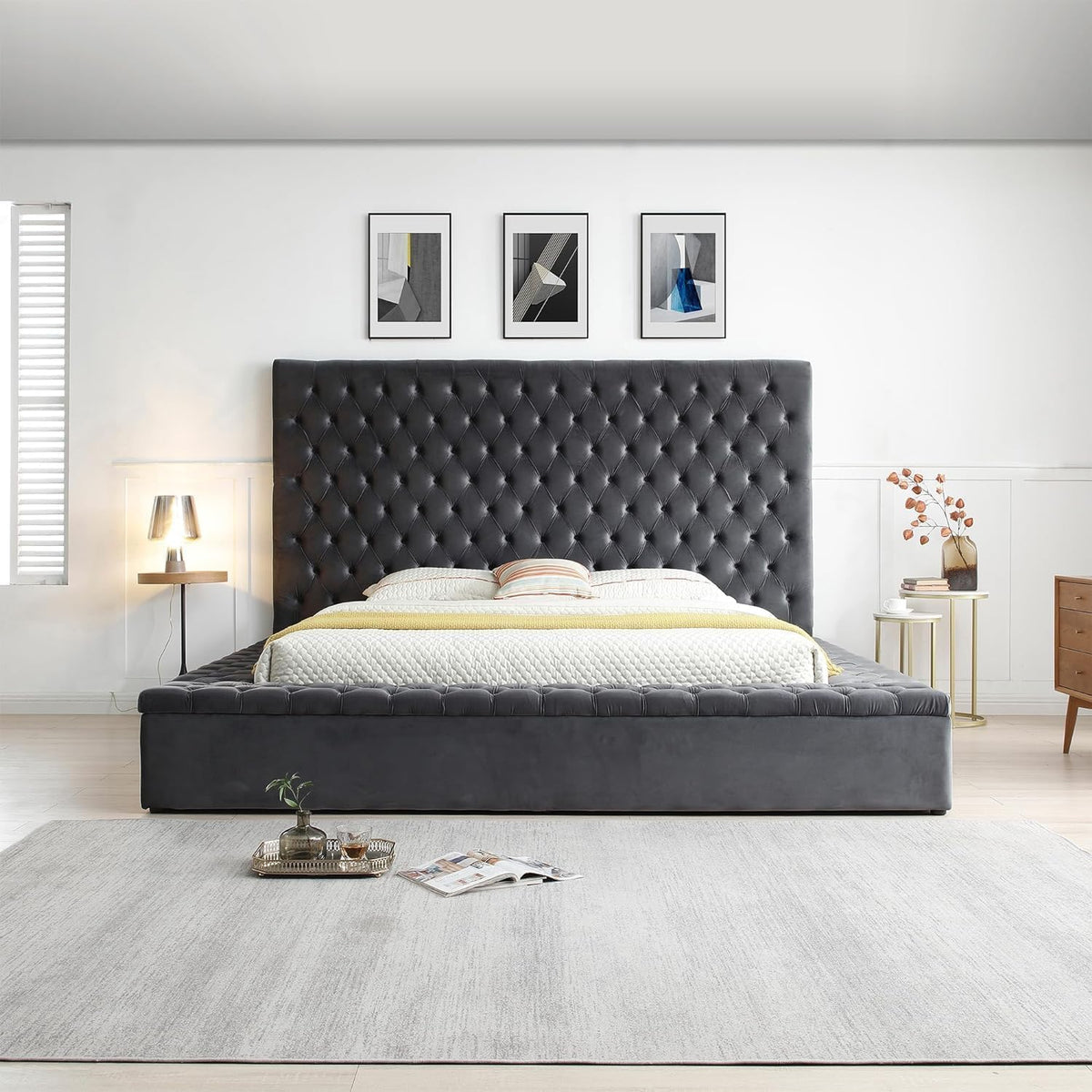 Better Home Products Velvet Tufted Upholstered Storage Platform (Grey, Queen)