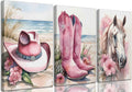 Djmwtb Coastal Cowgirl Canvas Wall Art Western Girl Room Decor Framed Set of 3 Pink Flower Boots Hat Horse Pictures Trendy Prepp