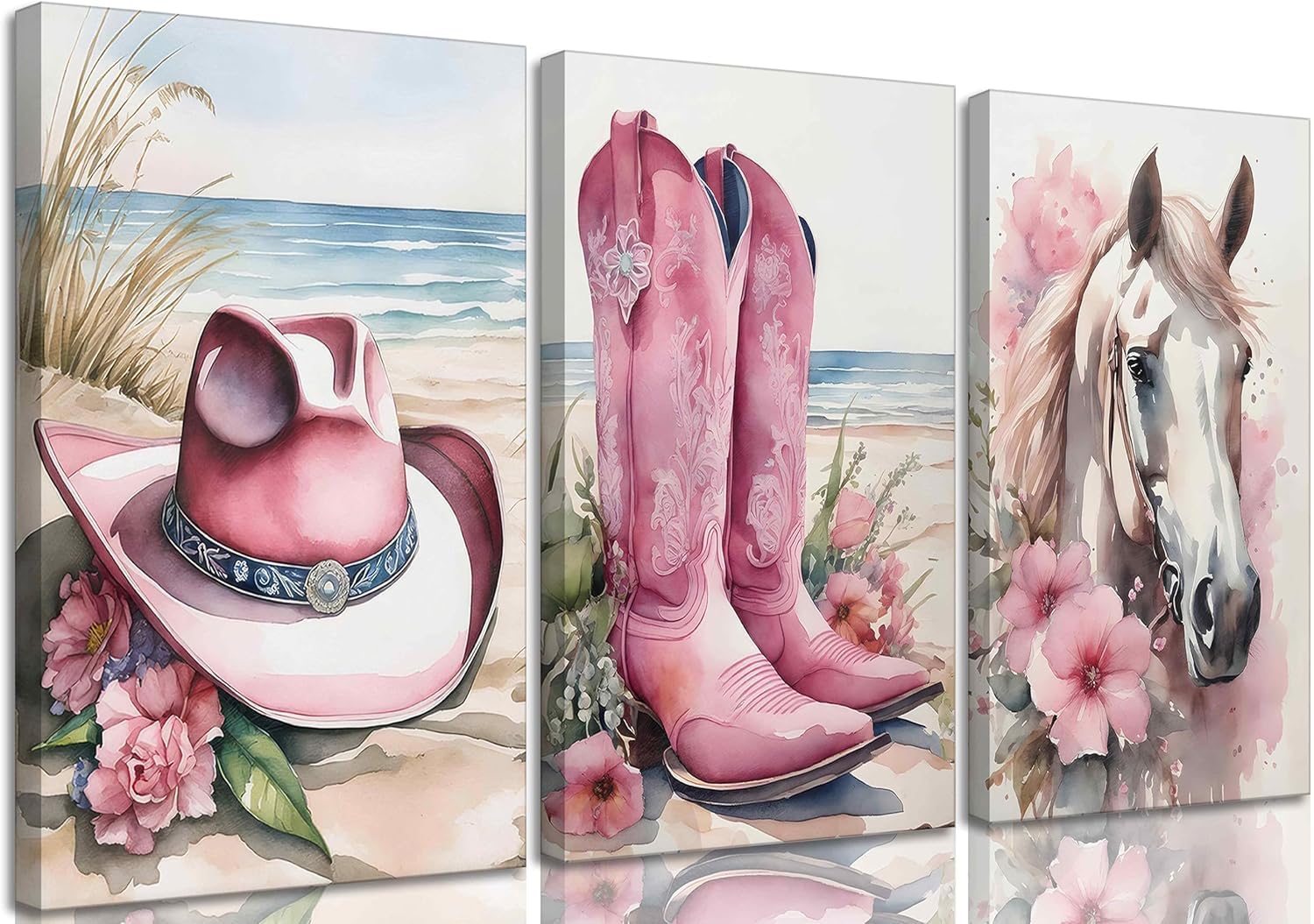 Djmwtb Coastal Cowgirl Canvas Wall Art Western Girl Room Decor Framed Set of 3 Pink Flower Boots Hat Horse Pictures Trendy Prepp