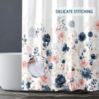 Bivinar Navy Blue And Pink Floral Shower Curtain, Watercolor Flowers Bathroom Shower Curtain, Waterproof Fabric Shower Curtain W