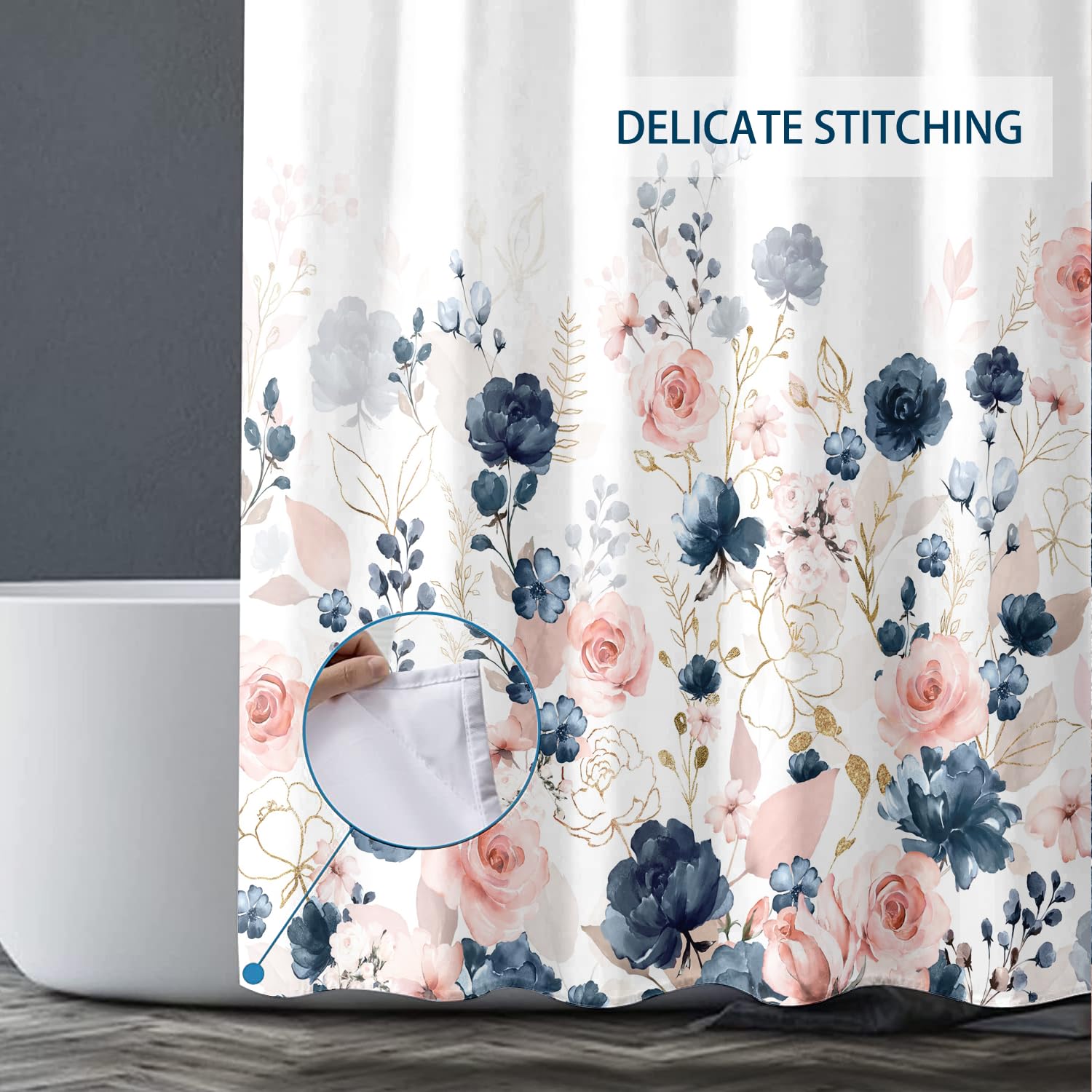 Bivinar Navy Blue And Pink Floral Shower Curtain, Watercolor Flowers Bathroom Shower Curtain, Waterproof Fabric Shower Curtain W