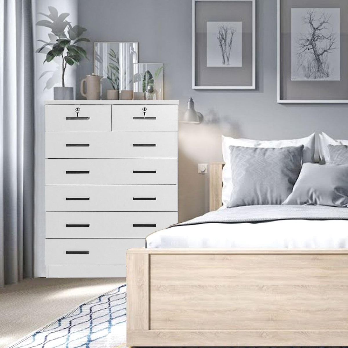 Better Home Products Cindy 7 Drawer Chest Wooden Dresser With Lock (White)