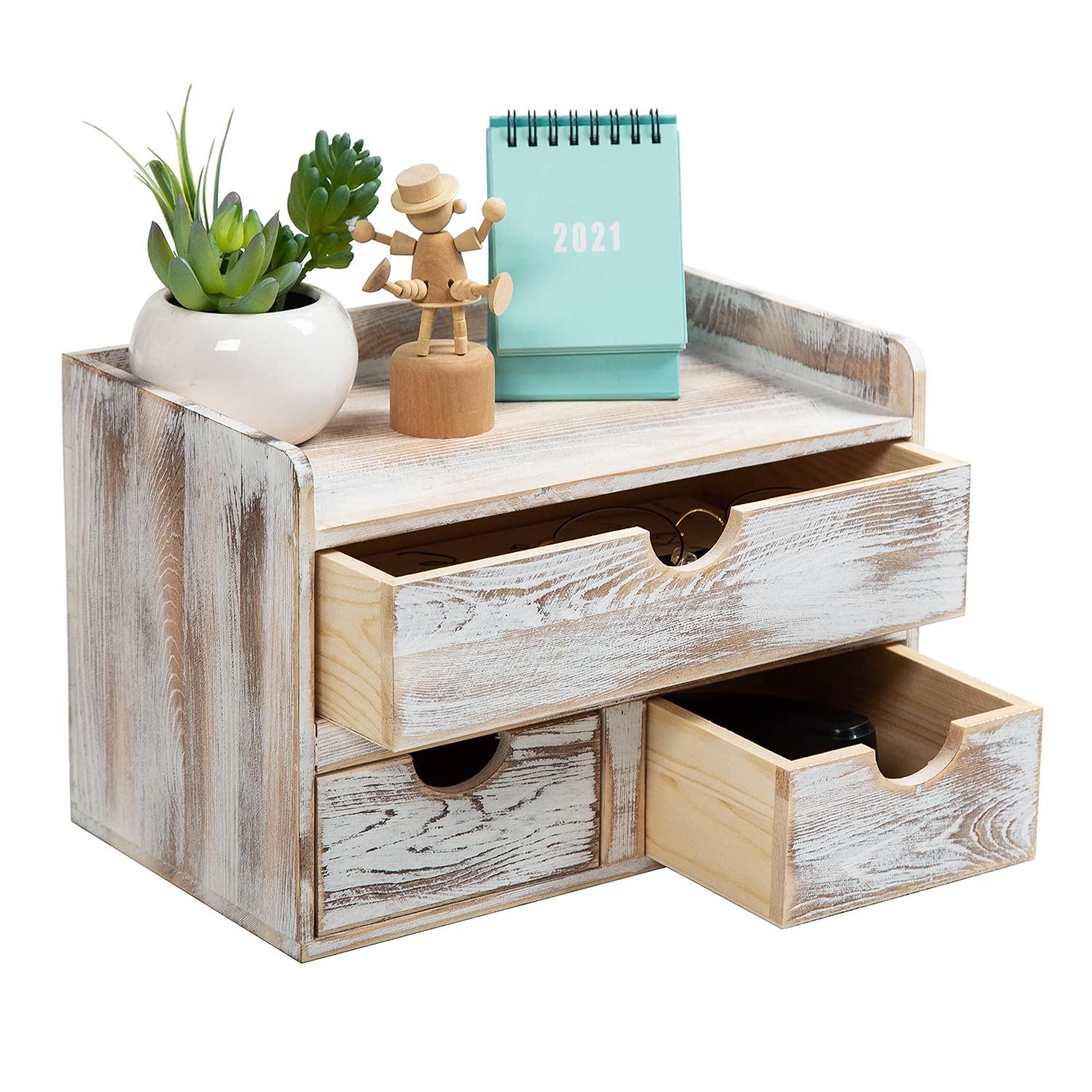 Vergoodr Rustic Distressed White 3-Tier Wood Desk Organizer With 3 Drawers Mini Desk Storage Shelf For Desk, Toiletries Vanity O