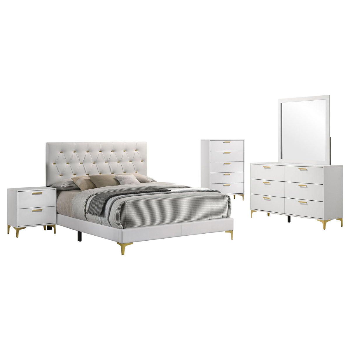 Coaster Home Furnishings Kendall 5-Piece Modern Bedroom Set Queen Size Upholstered Tufted Bed Frame Velvet Upholstery Nightstand Dresser Mirror And Chest White 224401Q-S5