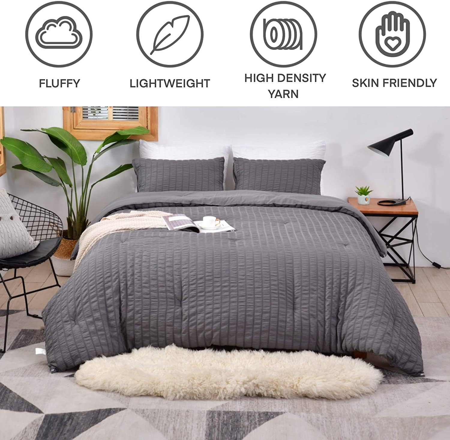 Avelom Dark Gray Seersucker California King Comforter Set (104X96 Inches), 3 Pieces-100% Soft Washed Microfiber Lightweight Comforter With 2 Pillowcases, All Season Down Alternative Bedding Set