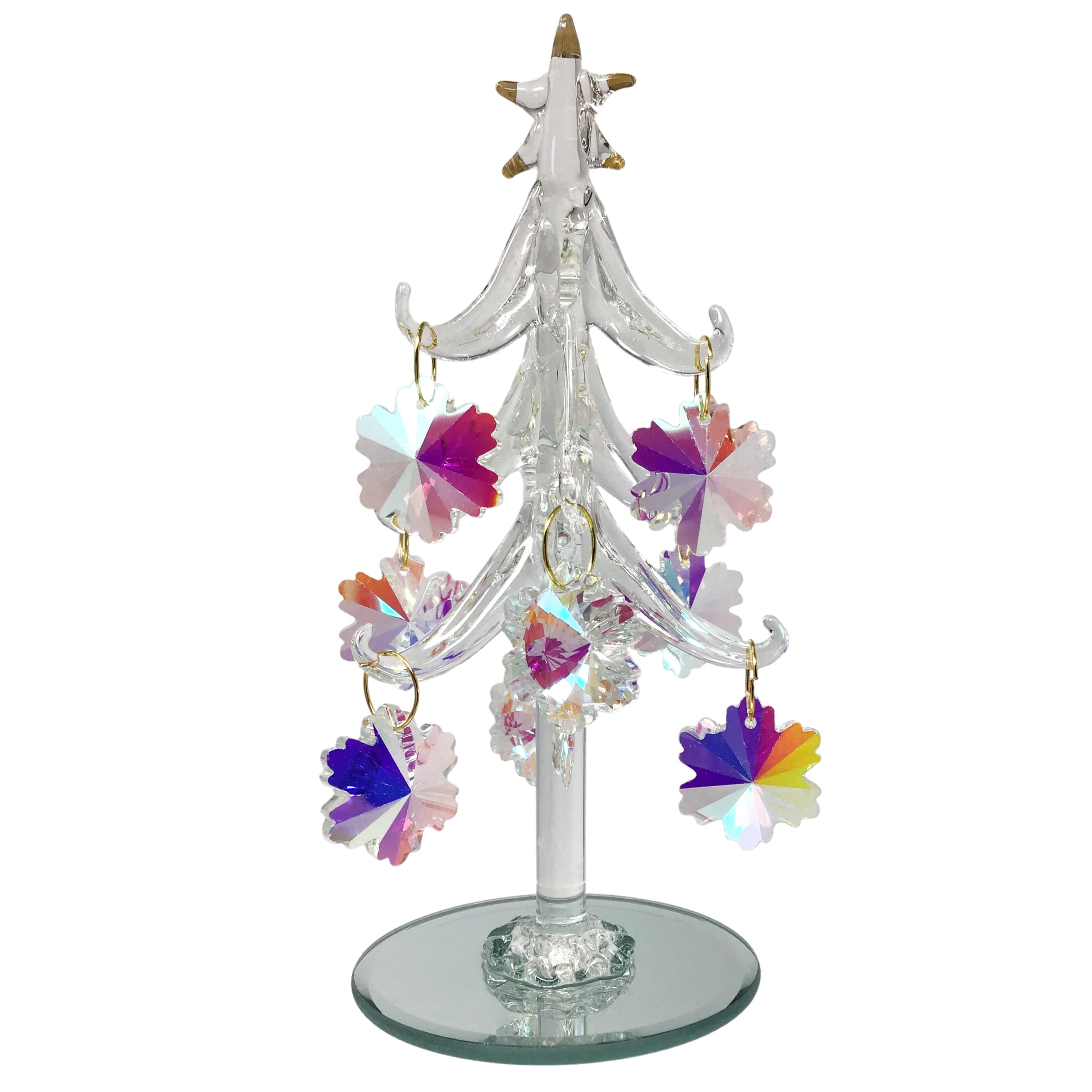 Tabletop Christmas Tree with Gold Trimmed Star - 9 Removable Iridescent Crystal Snowflake Ornaments - Mirrored Base - 6 H