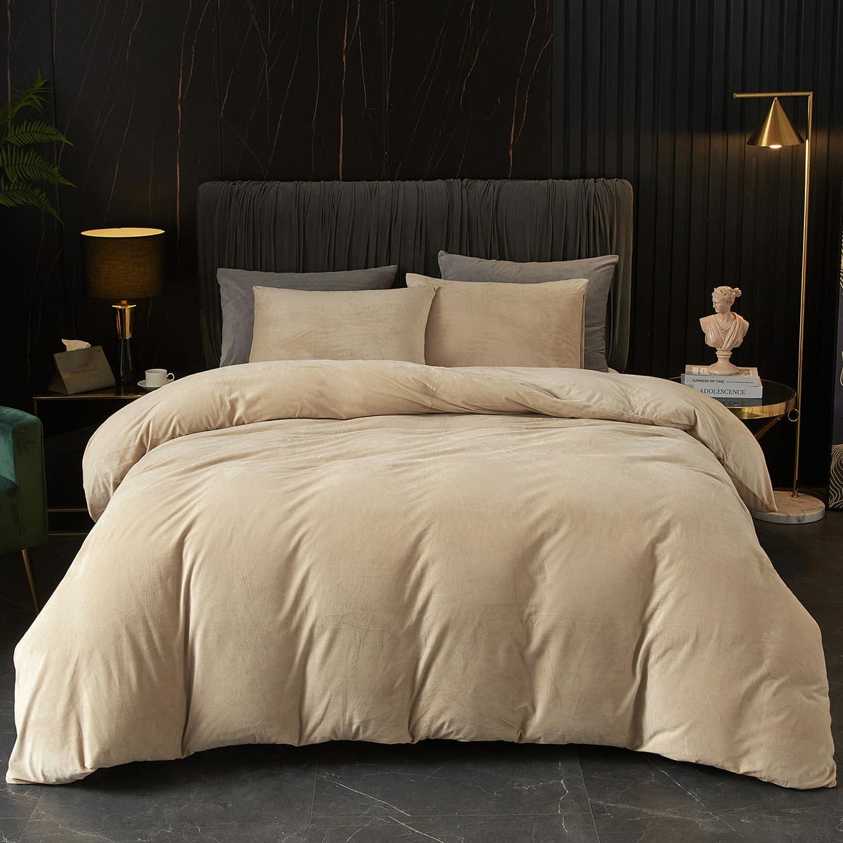 Ivellow Velvet Duvet Cover Queen Set Khaki Velvet Duvet Cover Queen Comforter Cover 3Pcs Ultra Soft Duvet Cover Breathable Solid