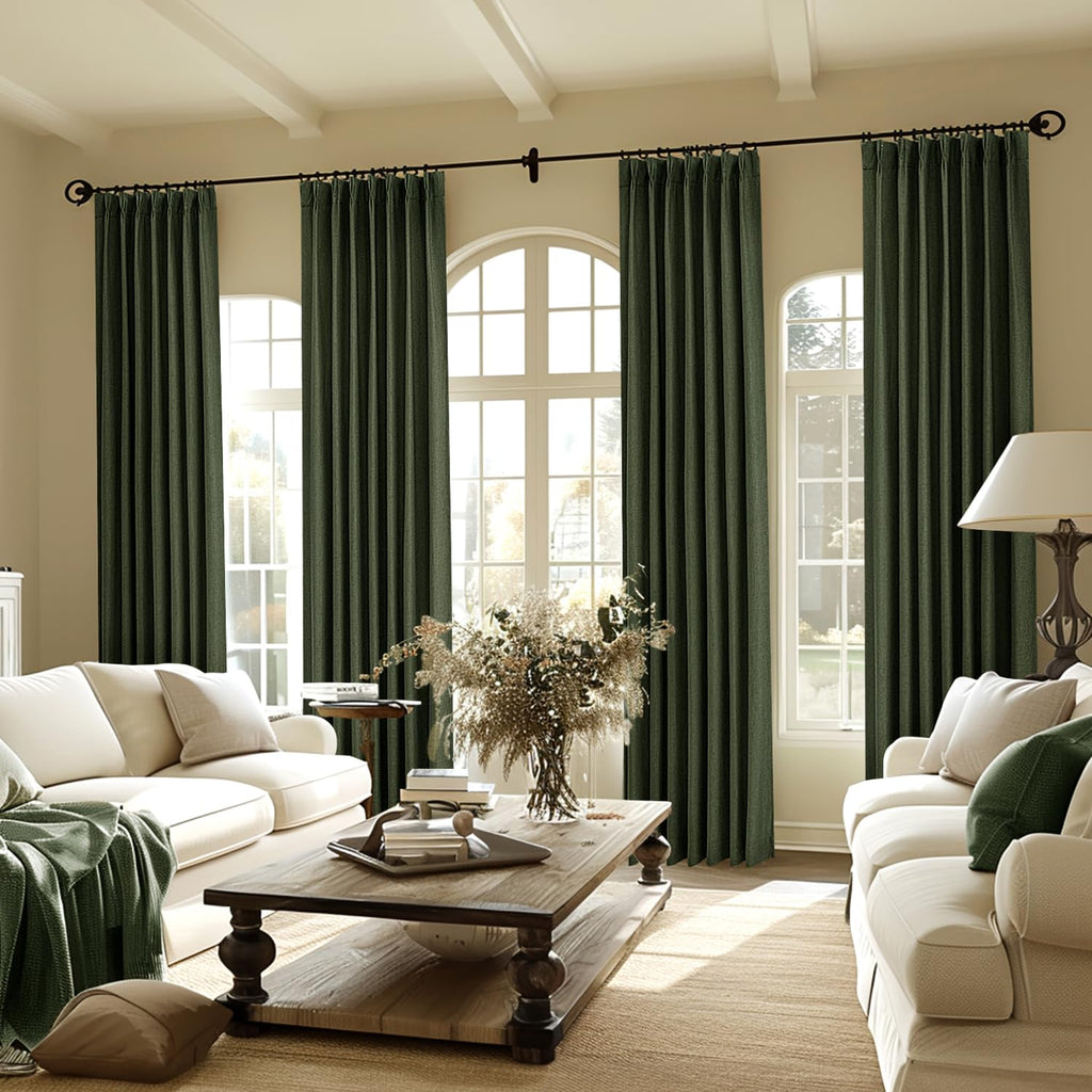 Miulee Olive Green Pinch Pleated 100% Blackout Linen Curtains 90 Inch Length 2 Panels Set, Dark Green Pleat Curtains With Pin Ho
