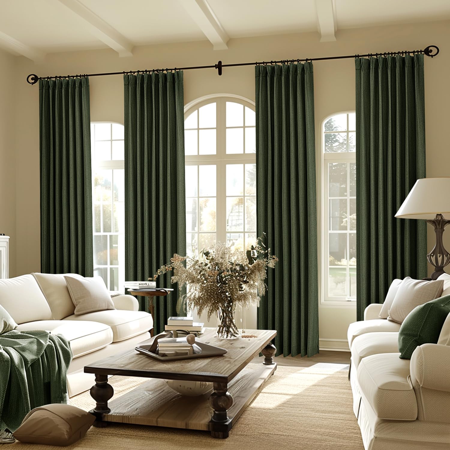 Miulee Olive Green Pinch Pleated 100% Blackout Linen Curtains For Bedroom, Room Darkening Dark Green Window Curtains 84 Inches L