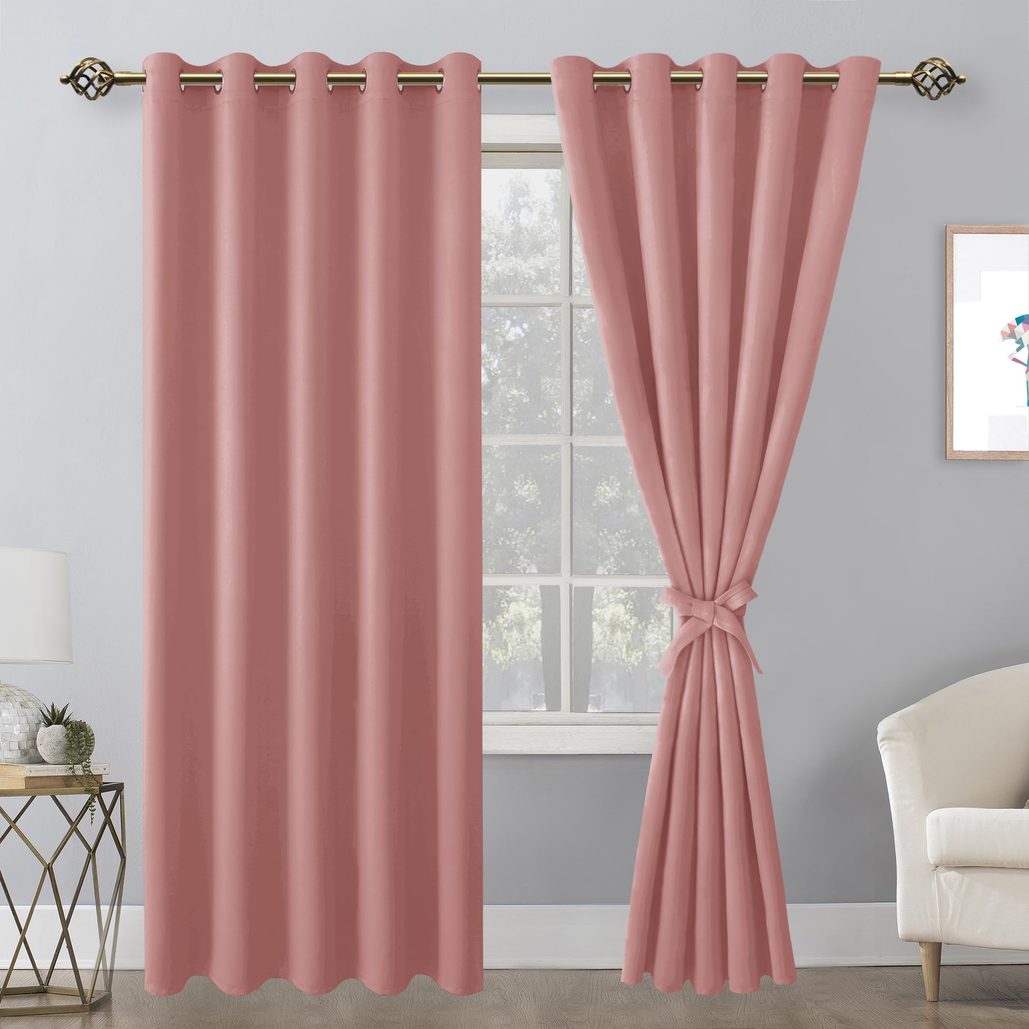 Hiasan Blackout Curtains For Bedroom, 60 X 84 Inches Long - Thermal Insulated & Energy Saving Window Curtains For Living Room, 2 Drape Panels Sewn With Tiebacks, Dusty Rose