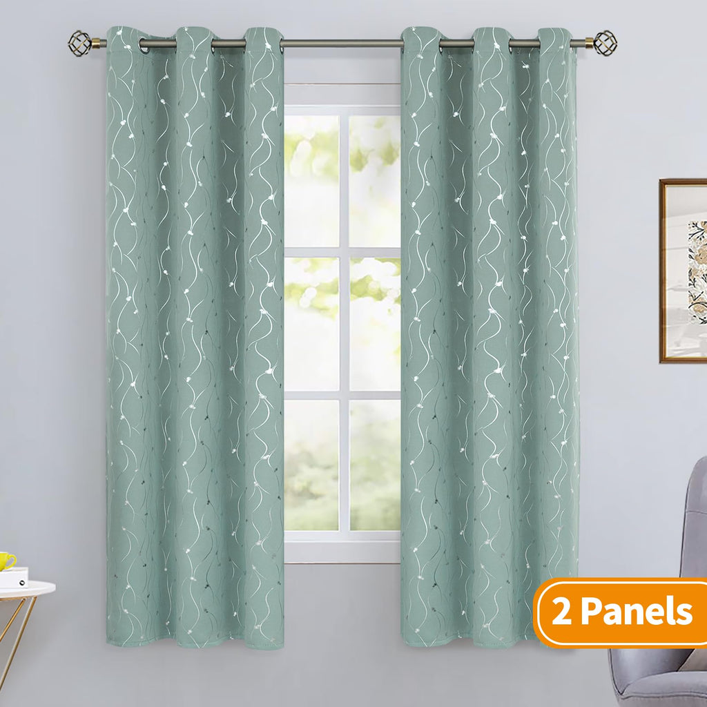 Bgment Room Darkening Curtains 63 Inches Long, Grommet Thermal Insulated Blackout Curtains With Wave Line And Dots Printed For Bedroom, 2 Panels, Each 38 X 63 Inch, Frosty Green