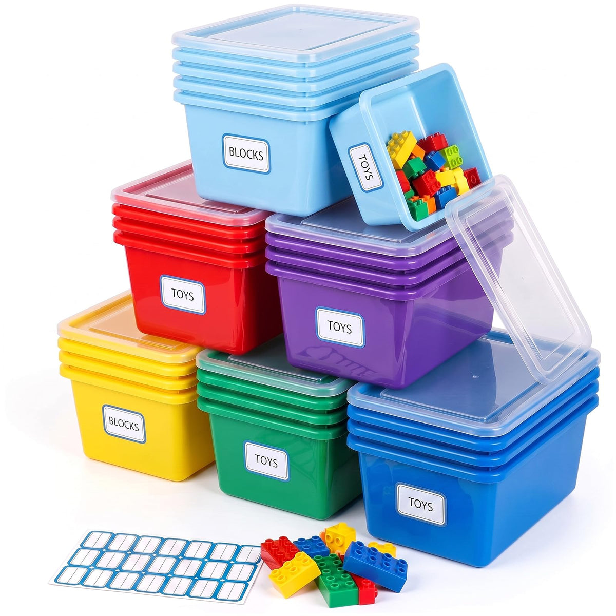 Hushee 24 Pack 6 Quart Classroom Cubby Storage Bins with Lids and Labels