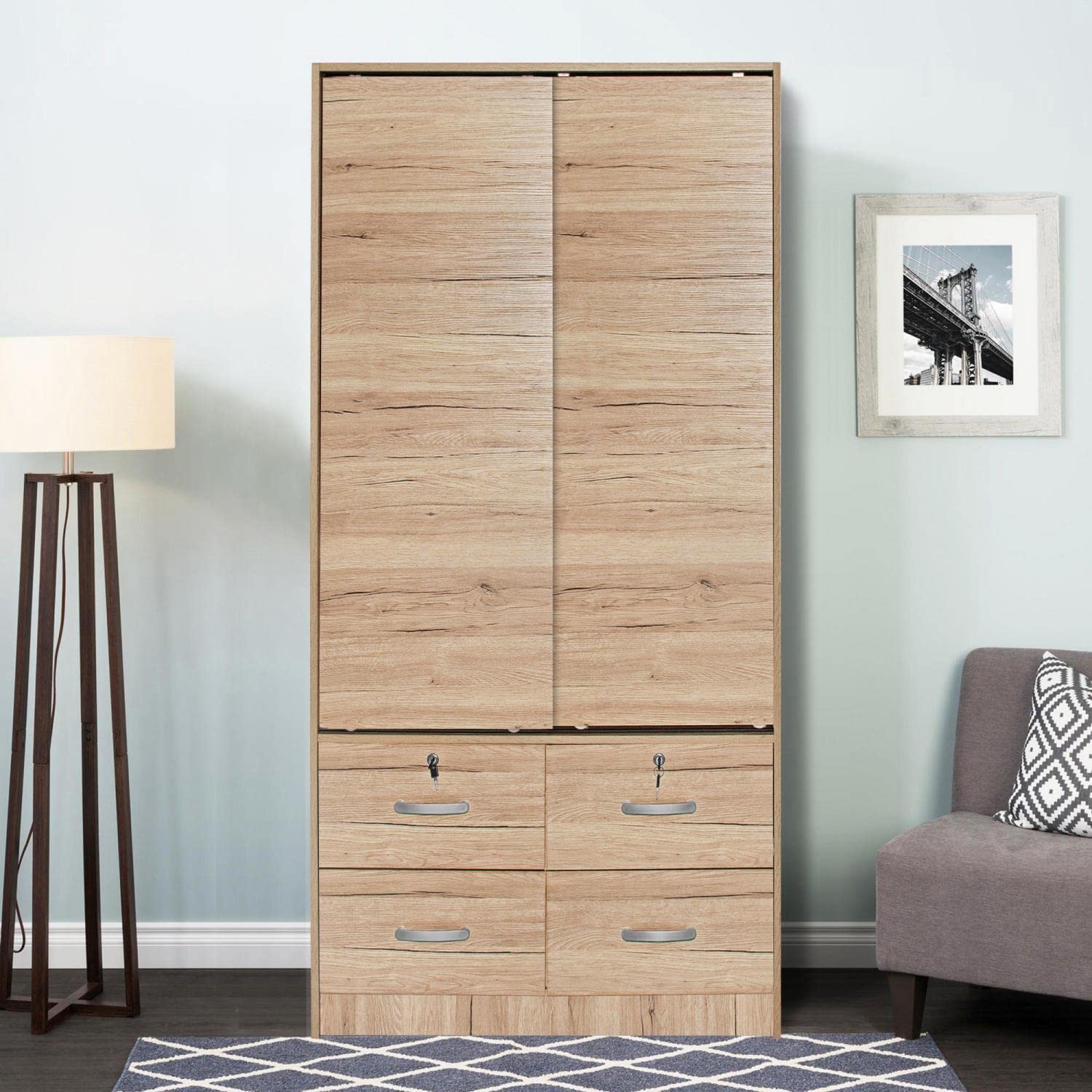 Better Home Products Carell Furniture Modern Wood Double Sliding Door Armoire Natural Oak