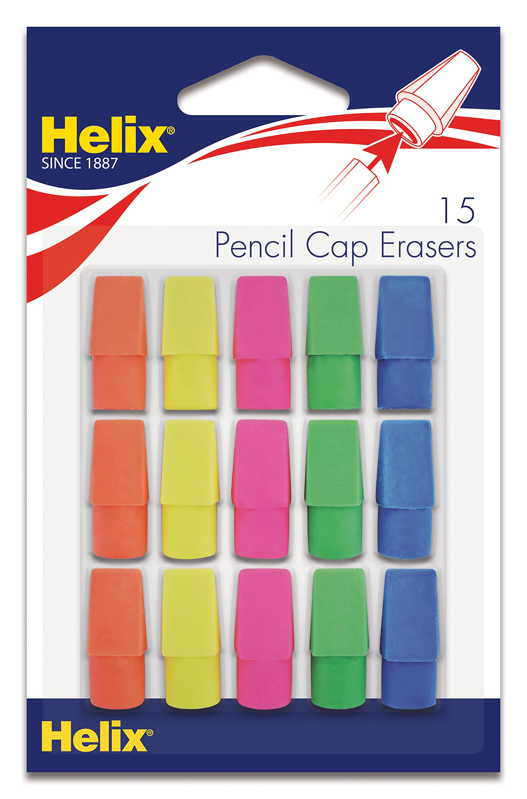 Maped Helix Usa - Classic Pencil Cap Erasers, 15-Pack - Smear-Free Homework Corrections - Vibrant Colors & Safe Materials - Idea