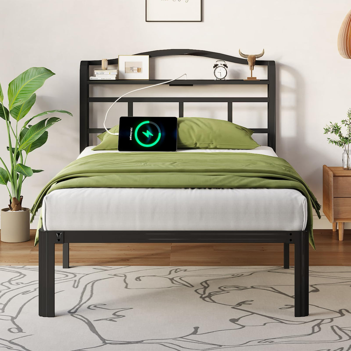 Twin Xl Bed Frame - Stylish Platform Bed Frame With Headboard And Usb & Type C Charging Station, Heavy Duty Metal Bed Frame No B