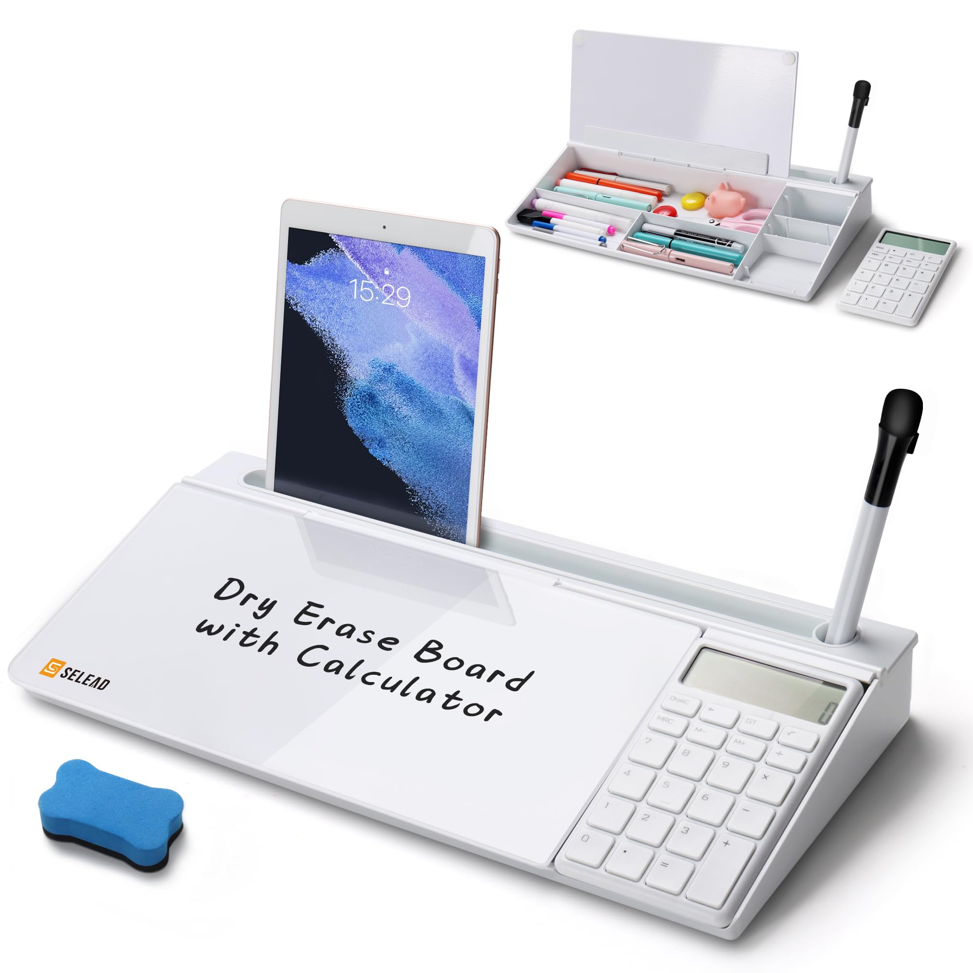 Selead Desktop Glass Whiteboard With Calculator, Organizer, Markers, Eraser, Holder - Small Dry Erase White Board Computer Pad K
