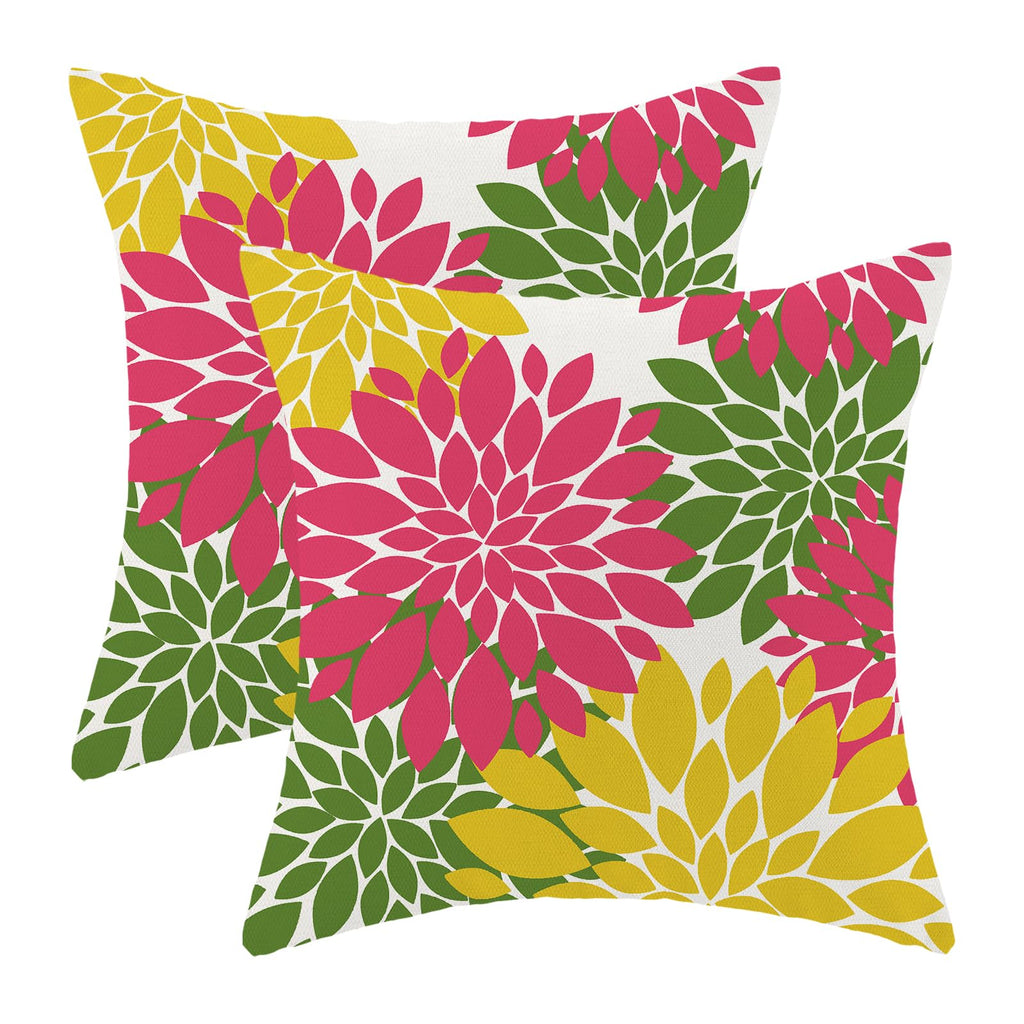 CXMEIFLY Hot Pink Summer Outdoor Pillow Covers 18x18 Inch Set of 2 Yellow Green Dahlia Floral Decor Throw Pillows Modern Geometr