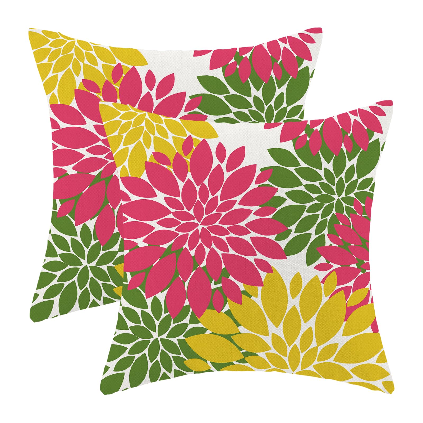 CXMEIFLY Hot Pink Summer Outdoor Pillow Covers 18x18 Inch Set of 2 Yellow Green Dahlia Floral Decor Throw Pillows Modern Geometr