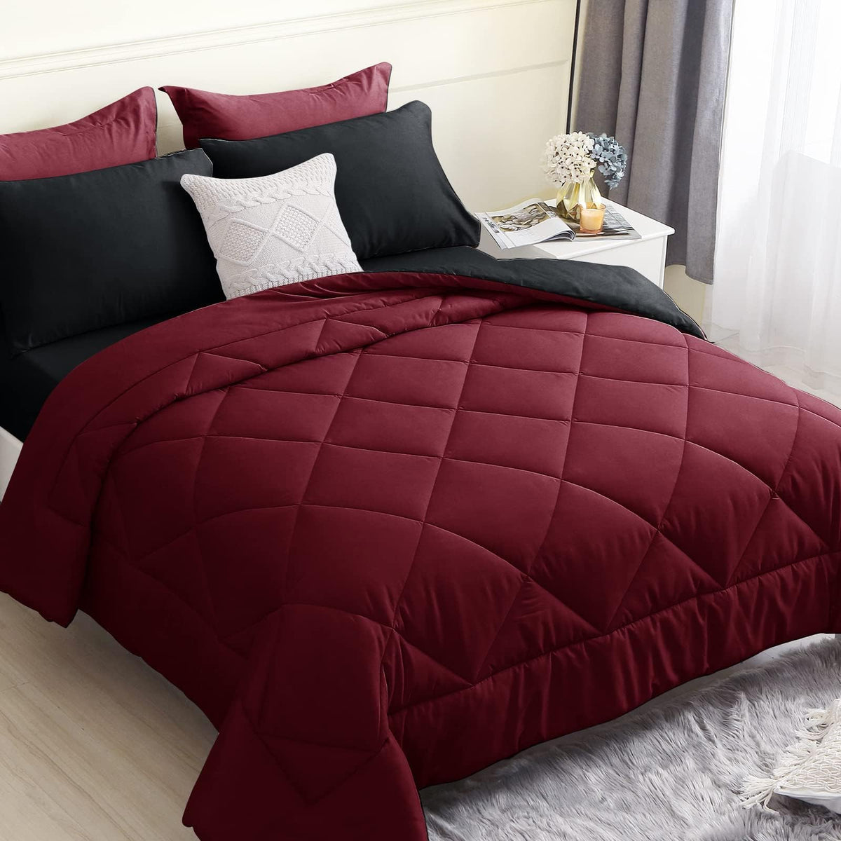 Hevumyi Red Queen Comforter Set 7 Pieces, Reversible Bed In A Bag Queen, All Season Soft Bedding Sets With Comforter, Flat Sheet