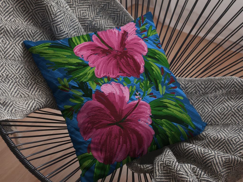 HomeRoots Hot Pink On Blue 16â€ Pink Blue Hibiscus Suede Decorative Throw Pillow