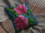 HomeRoots Hot Pink On Blue 16â€ Pink Blue Hibiscus Suede Decorative Throw Pillow