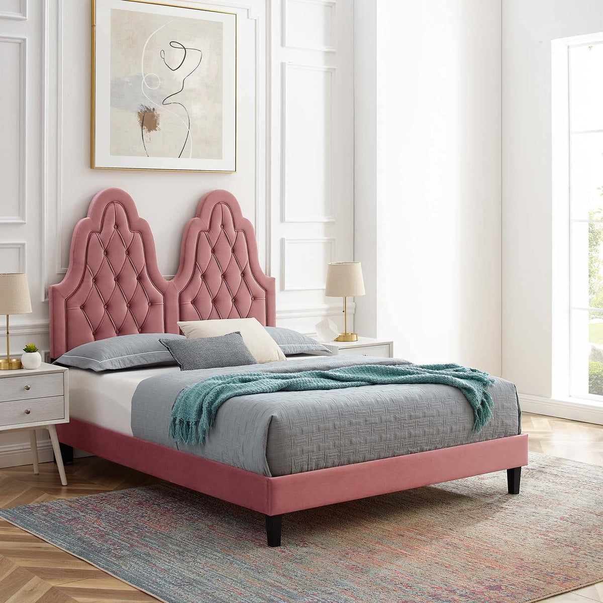 Modway Alexandria Tufted Performance Velvet Platform Bed with Black Wood Legs, Full, Dusty Rose