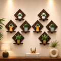 Diamond Shape Wooden Wall Shelves, Dark Brown, Floating Plant Display Rack for Living Room,Set of 8