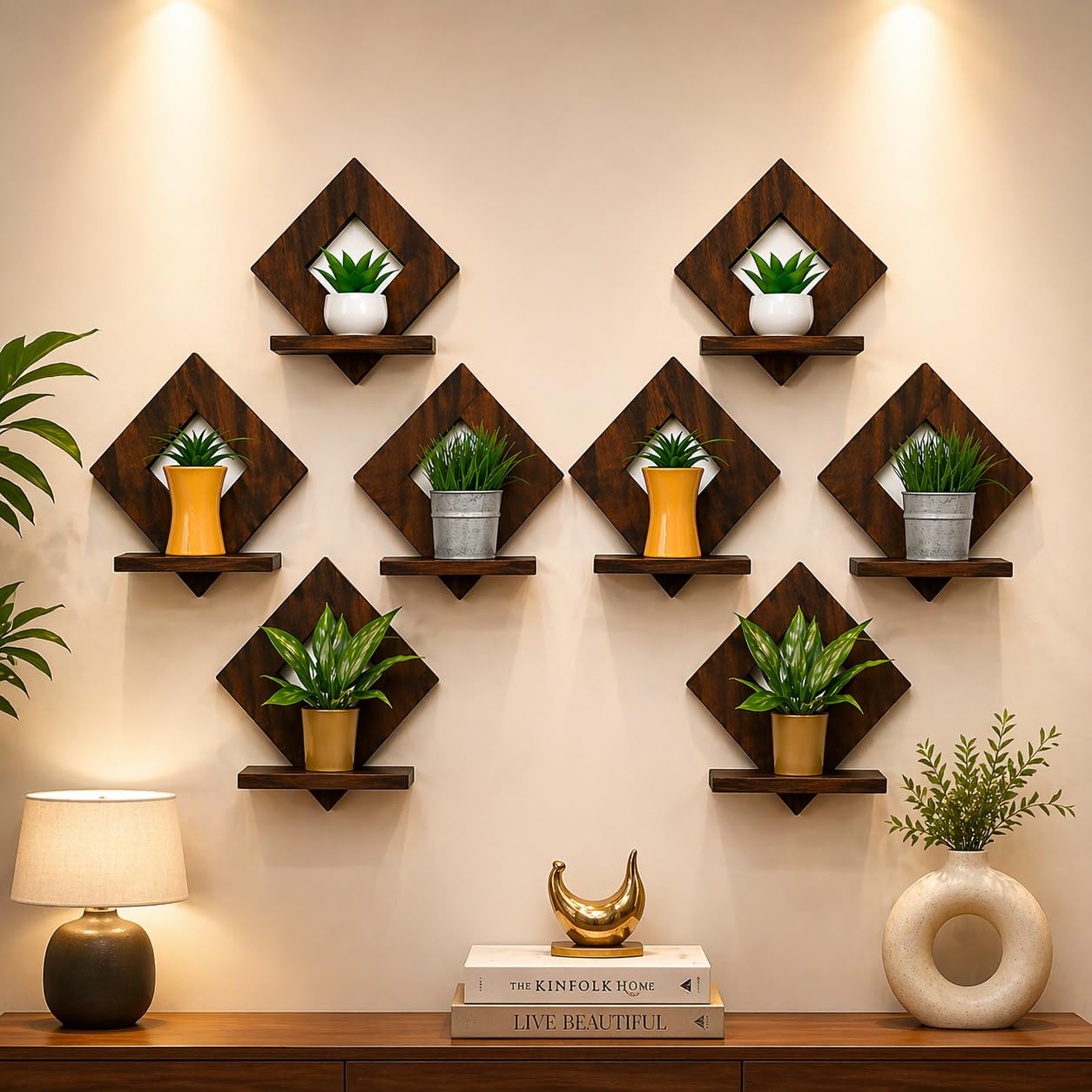 Diamond Shape Wooden Wall Shelves, Dark Brown, Floating Plant Display Rack for Living Room,Set of 8