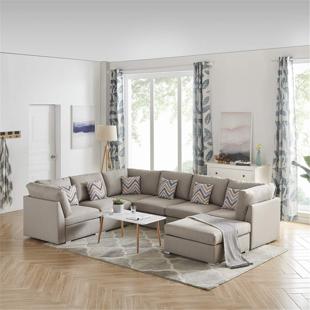 Lilola Home Amira Beige Fabric Reversible Modular Sectional Sofa with Ottoman and Pillows