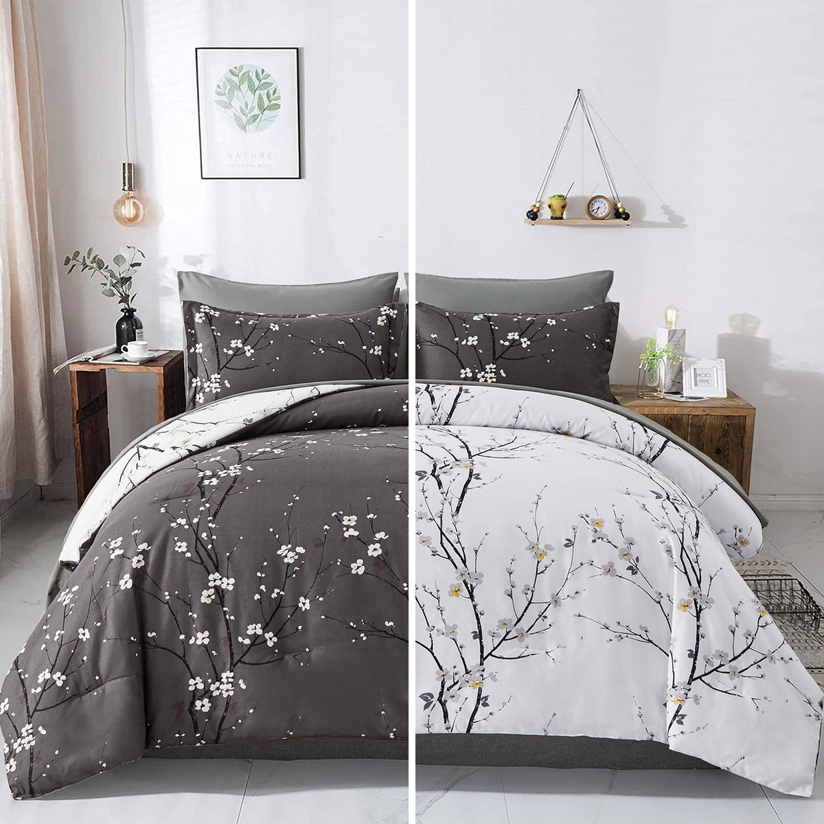 WONGS BEDDING 7 Pieces Bed in a Bag King, Floral Reversible Comforter Set Flower Plum Bedding Set King Size(1 Comforter,2 Pillow