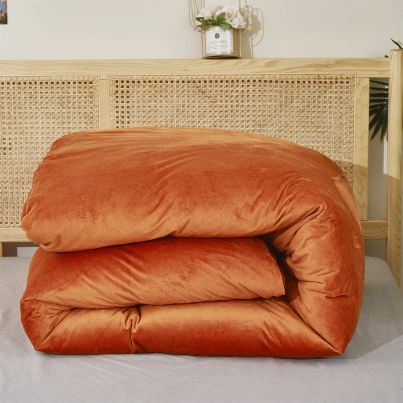 Karever Burnt Orange Velvet Comforter Queen Solid Rust Color Flannel Velvet Bedding Comforter Set All Caramel Colour 3 Pcs Shagg