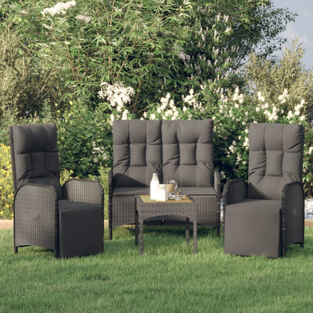 vidaXL Modern 3-Piece Patio Dining Set with Cushions - Weather-Resistant PE Rattan, Adjustable Chairs & Practical Glass Tabletop, Black