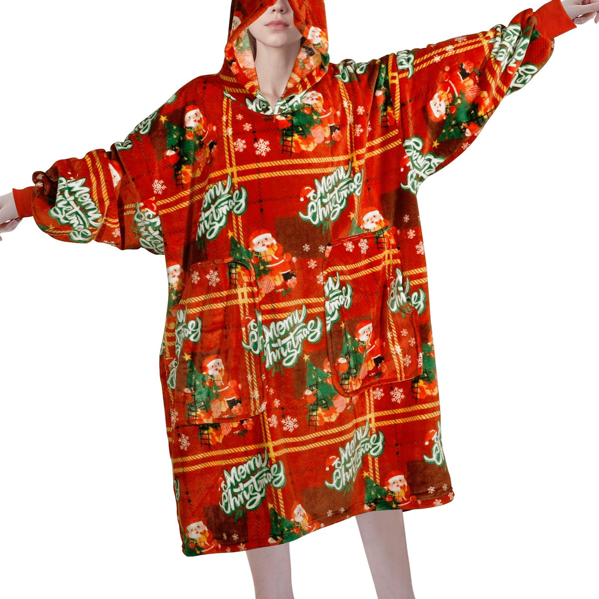 Easy-Going Christmas Oversized Wearable Blankets Hoodie, Super Soft And Warm Extra Long Flannel Hoodie Blanket Sweatshirt Sweate