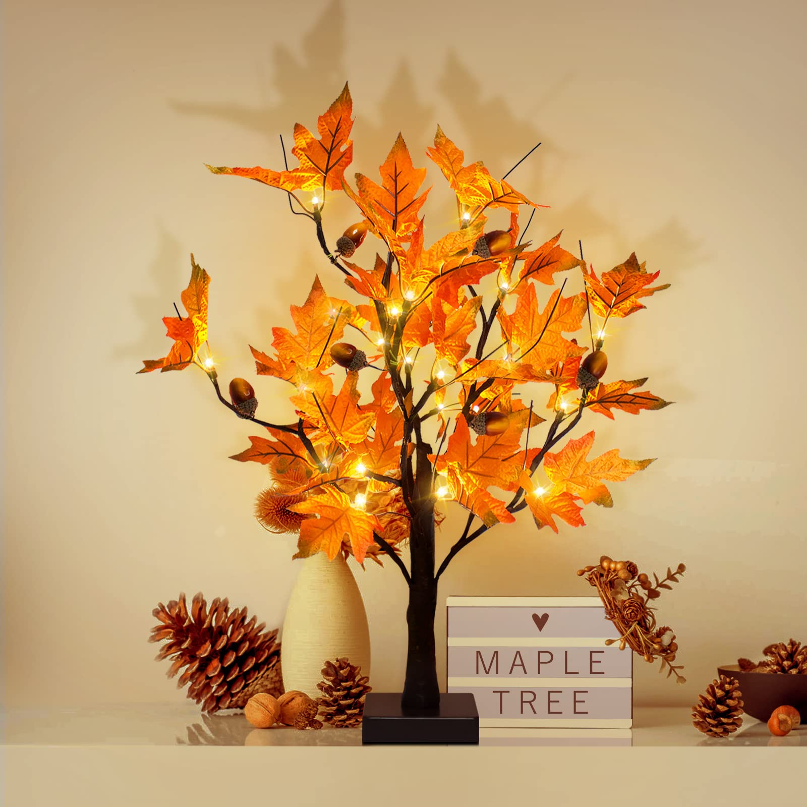 S-Union 24-inch LED Lighted Maple Tree with 6 Acorns for Thanksgiving Decorations