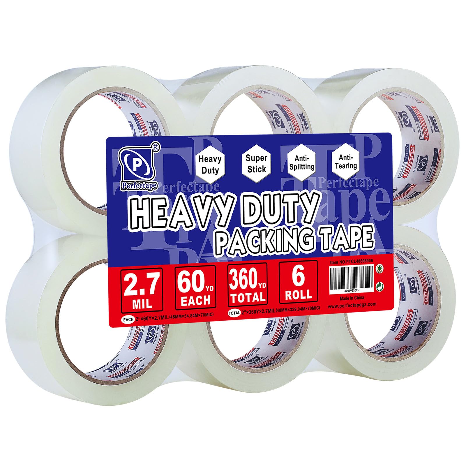 P Perfectape Heavy Duty Packing Tape 6 Rolls, Total 360Y, Clear, 2.7 Mil, 1.88 Inch X 60 Yards, Ultra Strong, Refill For Packagi