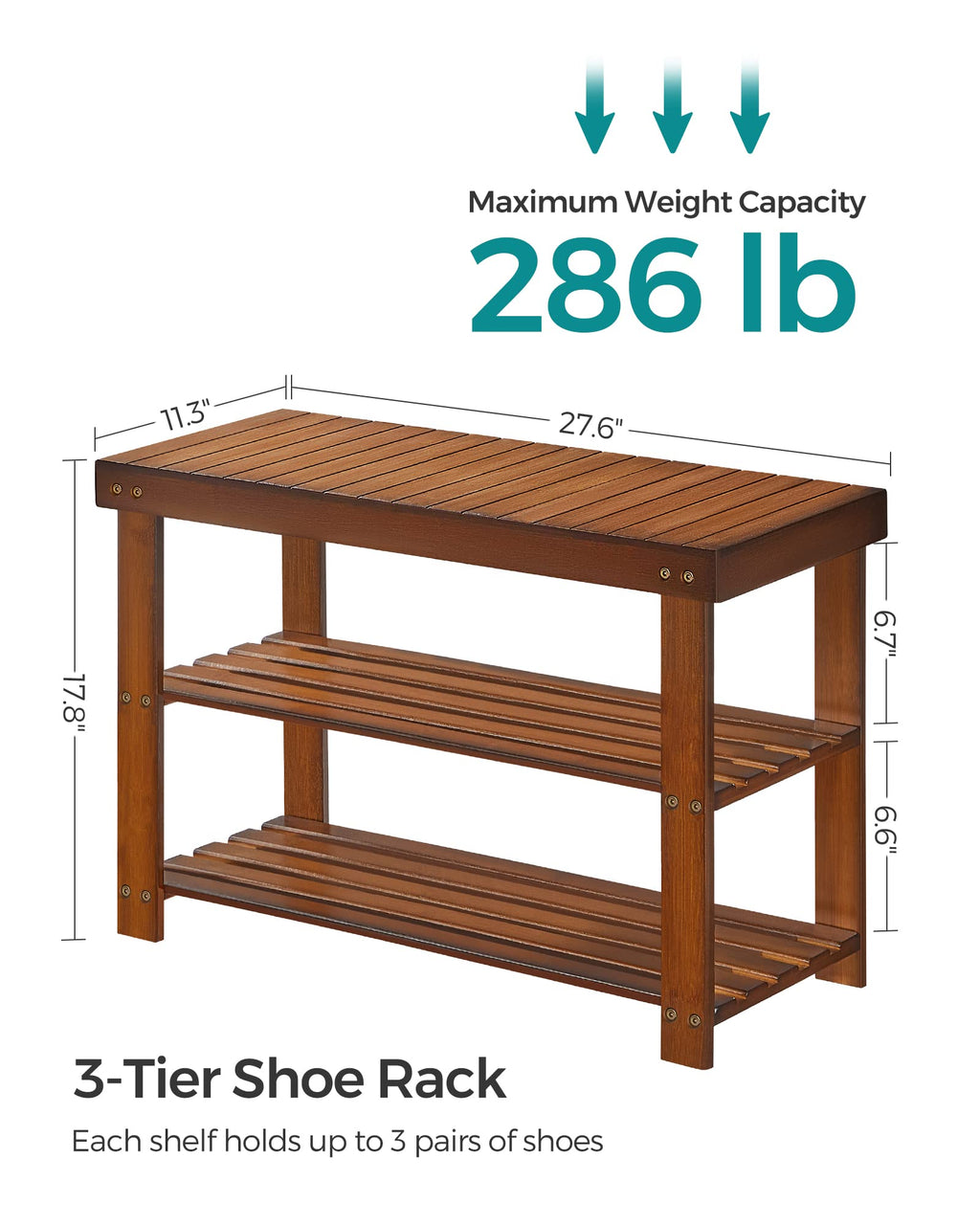 Songmics Shoe Rack Bench, 3-Tier Bamboo Shoe Storage Organizer, Entryway Bench, Holds Up To 286 Lb, 11.3 X 27.6 X 17.8 Inches, For Entryway Bathroom Bedroom, Walnut Color Ulbs04Wl