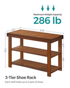 Songmics Shoe Rack Bench, 3-Tier Bamboo Shoe Storage Organizer, Entryway Bench, Holds Up To 286 Lb, 11.3 X 27.6 X 17.8 Inches, For Entryway Bathroom Bedroom, Walnut Color Ulbs04Wl